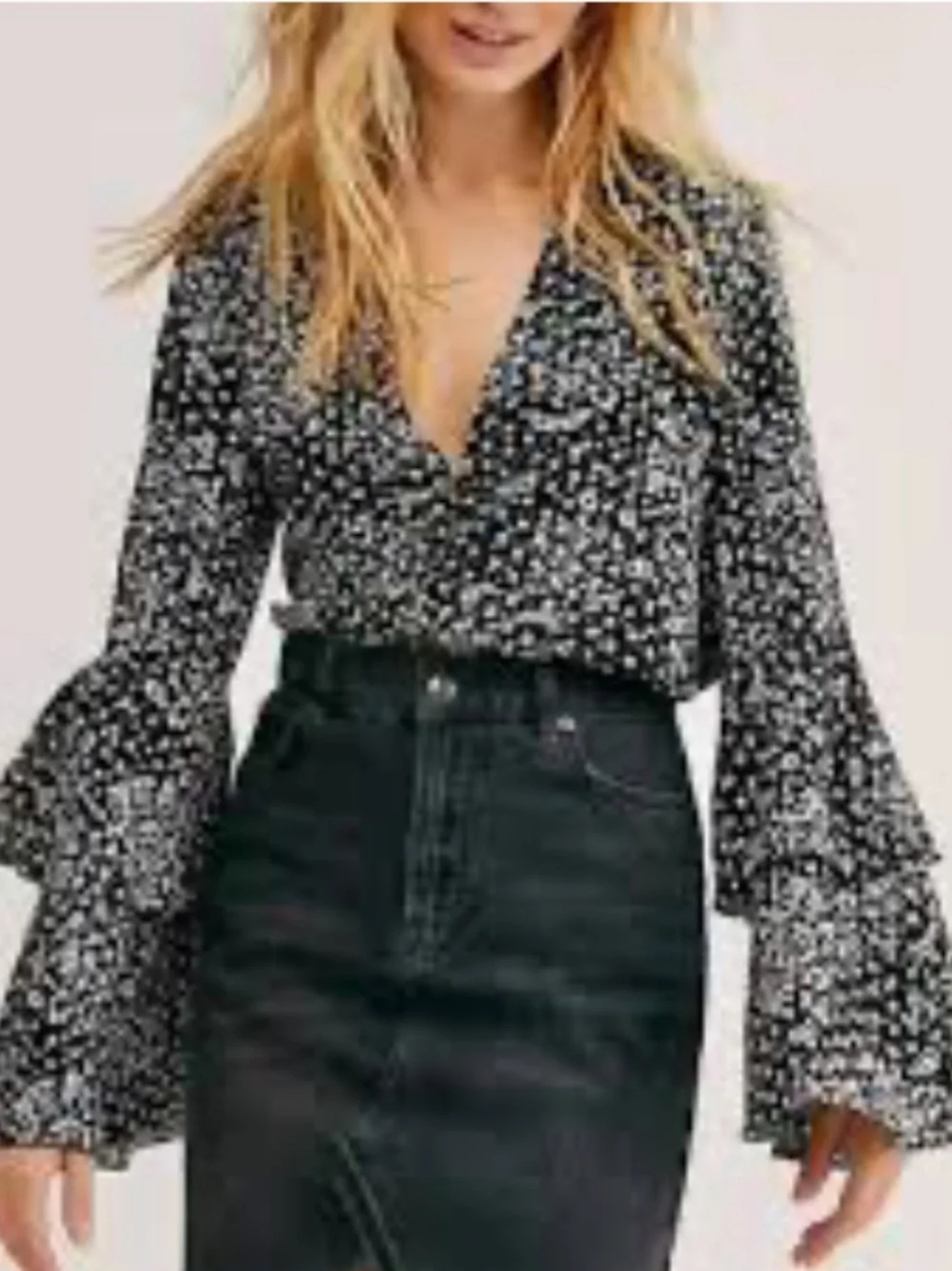 Free People Intimately Black White Ditzy Floral Ruffle Bell Sleeve Bodysuit Top